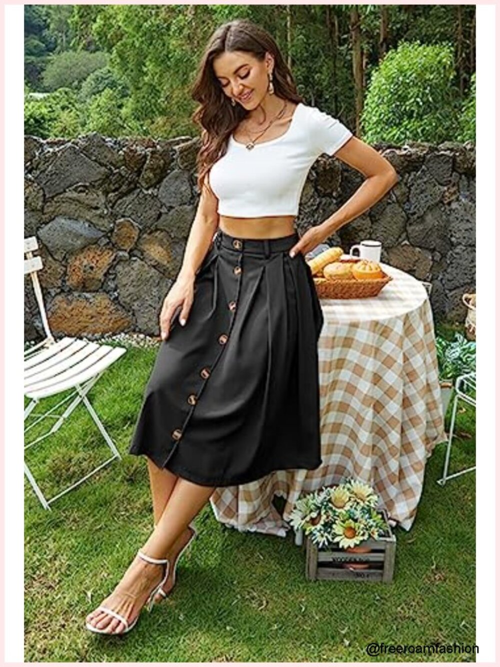 Pleated A-line Midi Skirt Elastic Waist Button Front Flared Long Skirt with - Picture 4 of 6